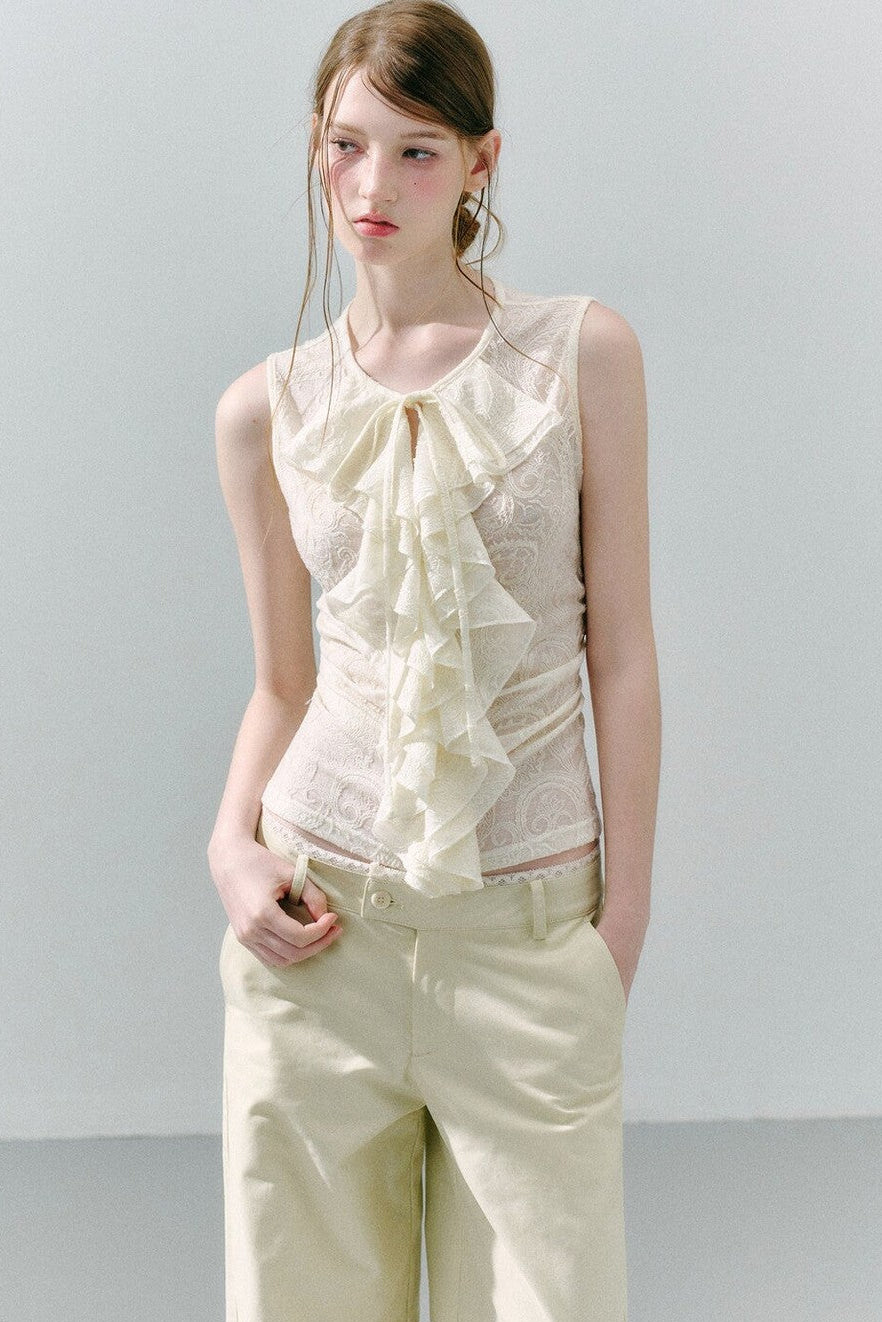 White Peach Wool Lace Ruffle Vest