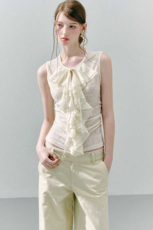 White Peach Wool Lace Ruffle Vest