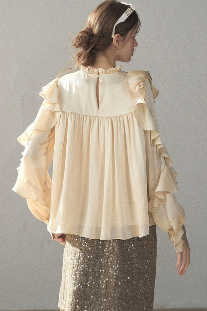 Ruffled Lace Patchwork Textured Chiffon Blouse