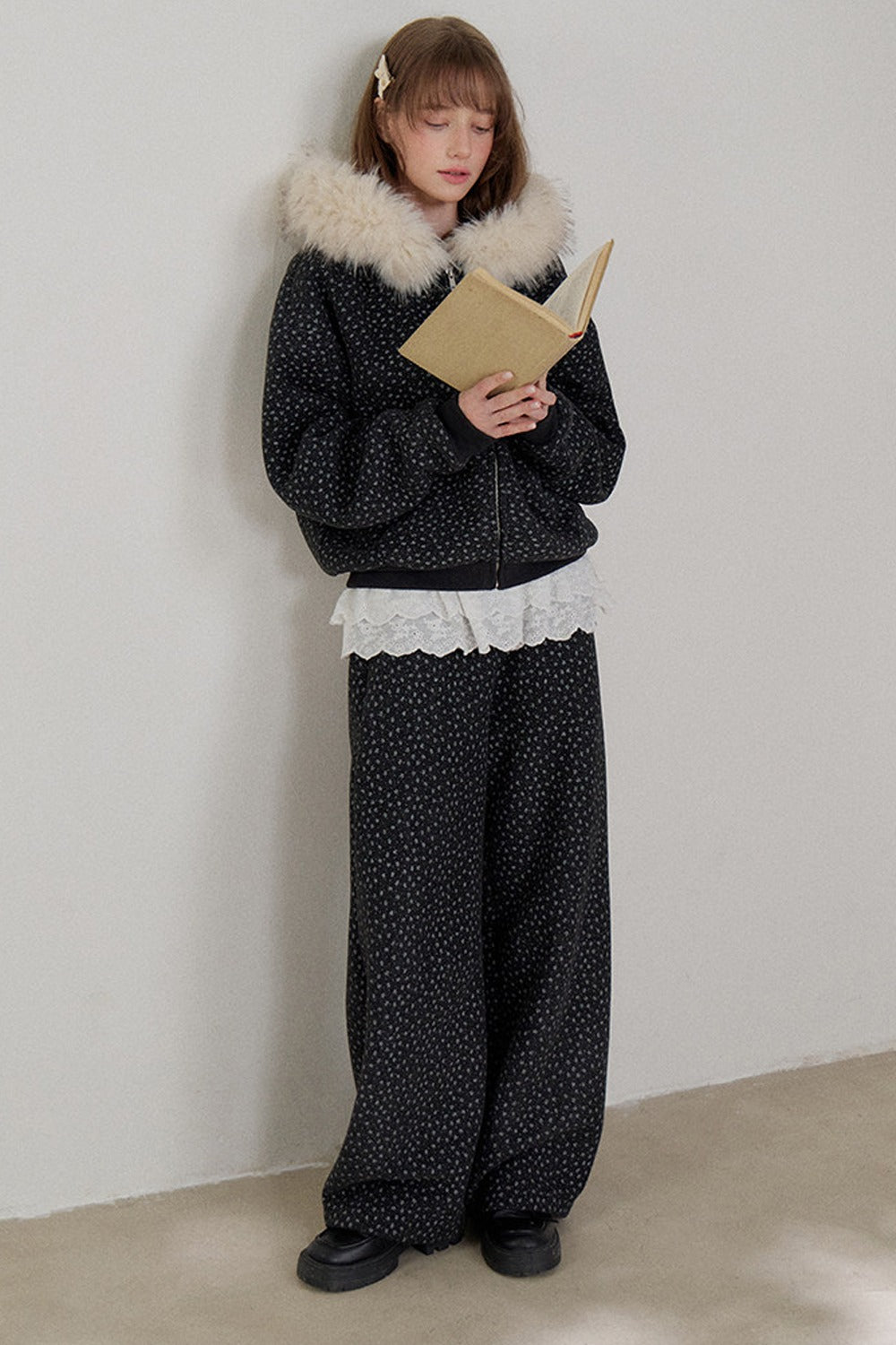 Floral Fur Collar Padded Jacket and Pants