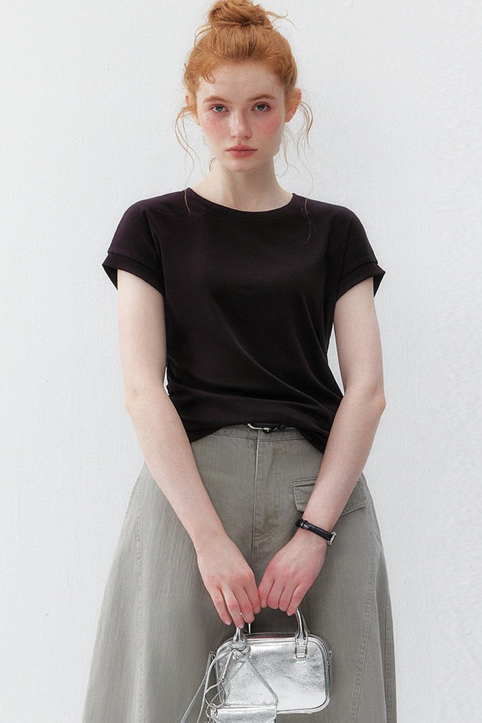 Black Stretchy Lyocell Round Neck T-Shirt