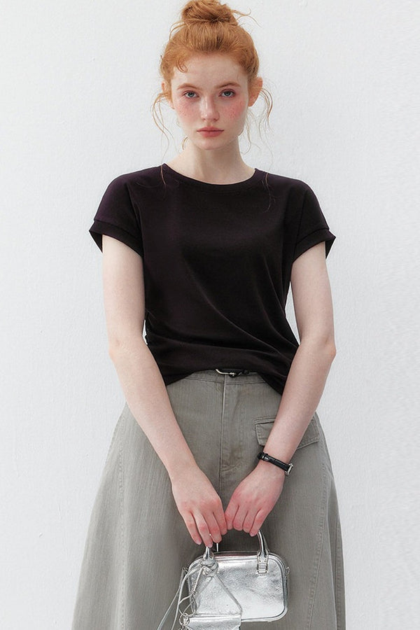 Black Stretchy Lyocell Round Neck T-Shirt