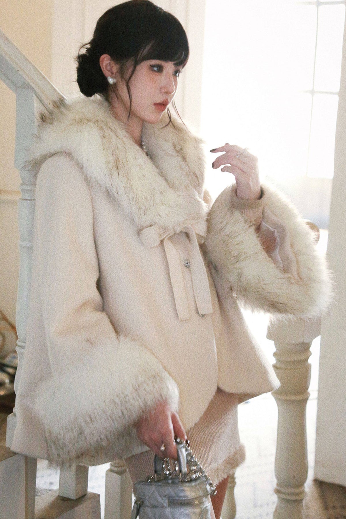 Bow Detail Quilted Woolen Cape Coat