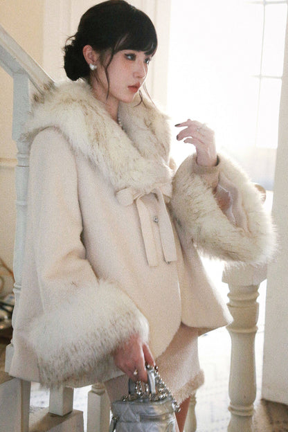 Bow Detail Quilted Woolen Cape Coat