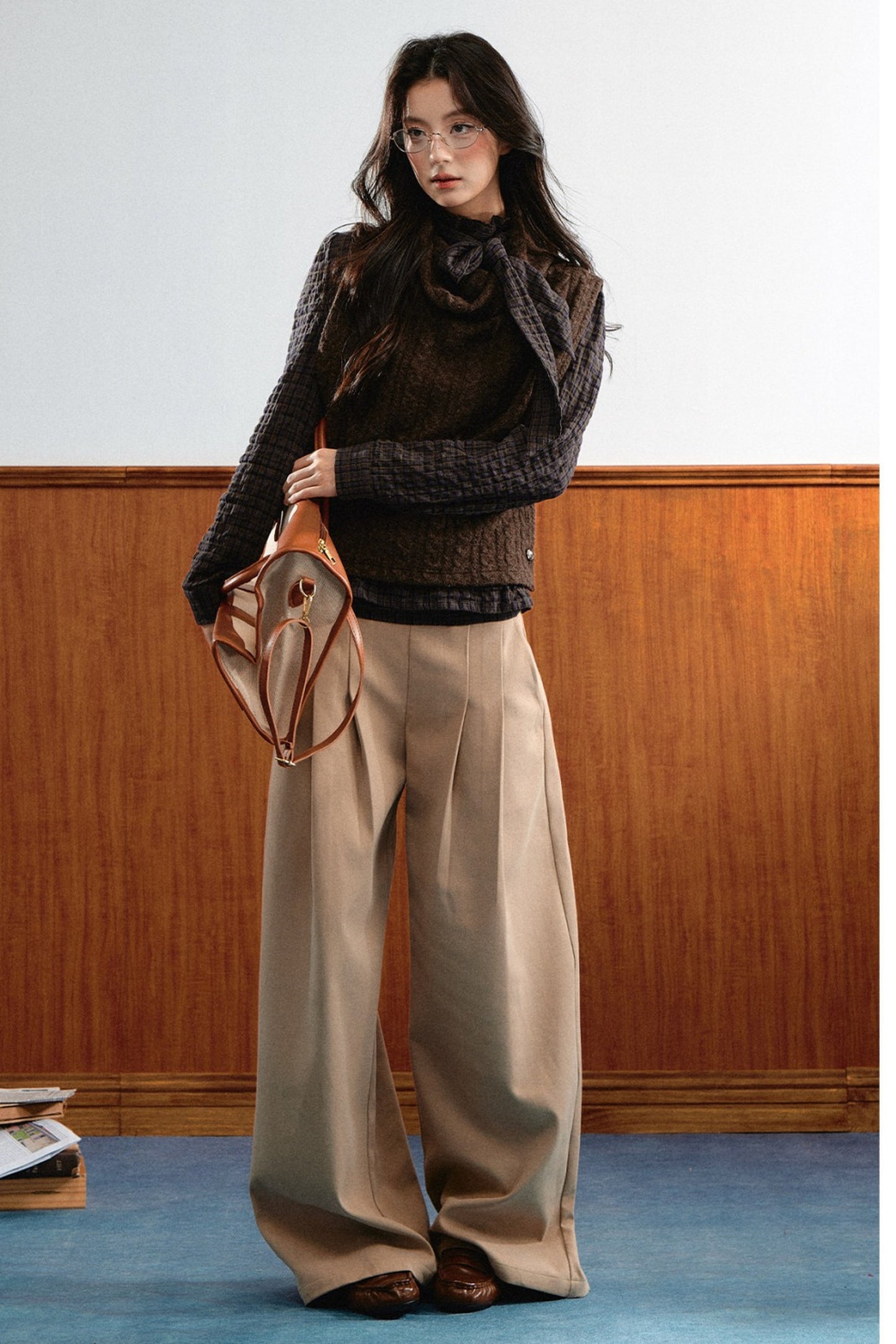 Retro Plaid Ribbon Top and Suede Skirt Set-Up