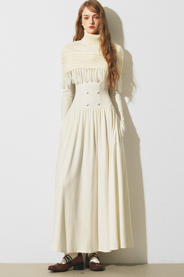 Knitted Sweater Cape and Double-Breasted Dress Set-Up