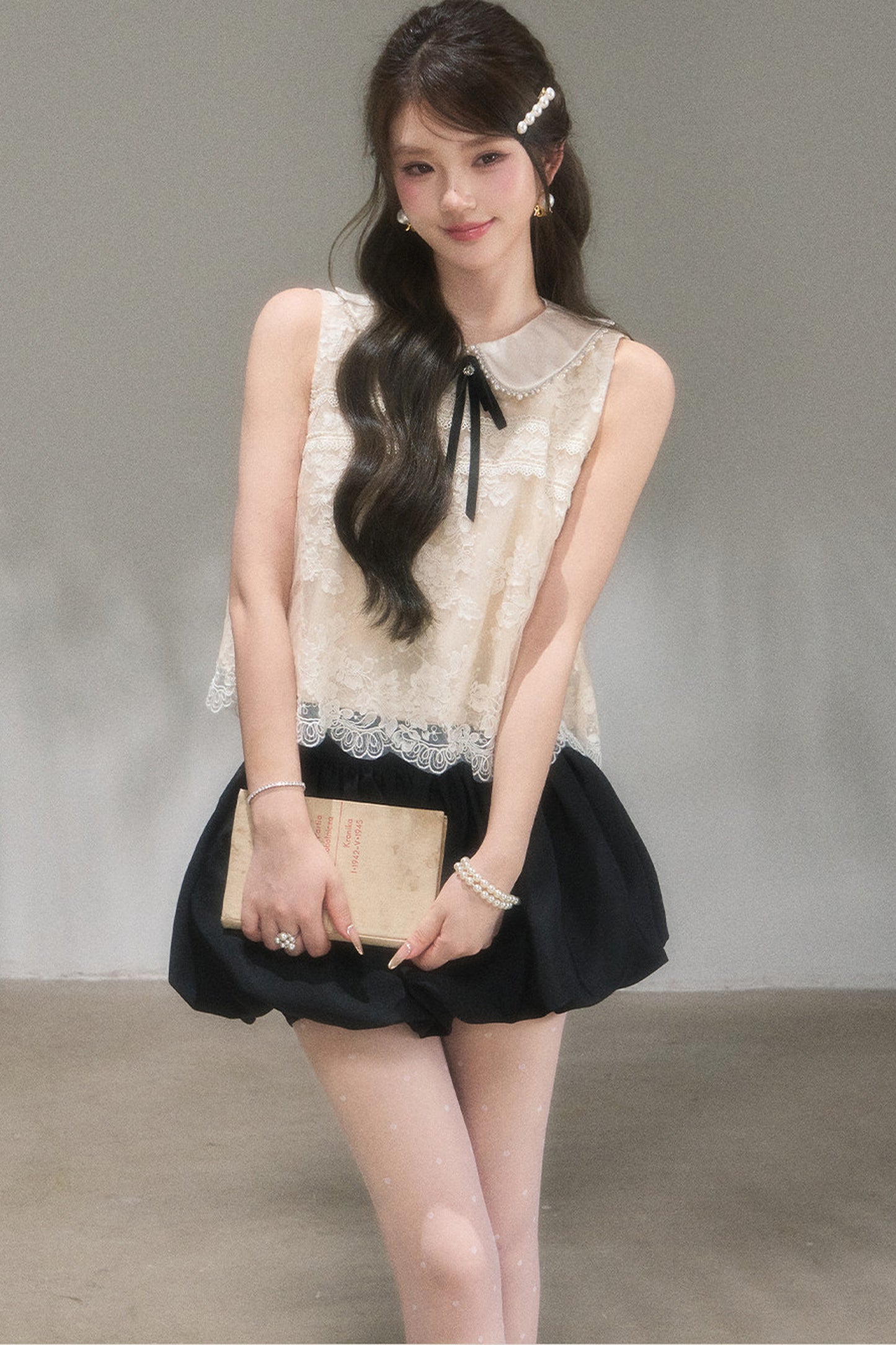 Doll Collar Lace Top and Floral Skirt Set-Up