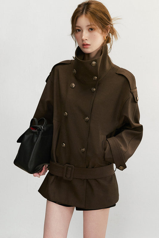 Double-Breasted Stand-Up Collar Trench Belt Coat
