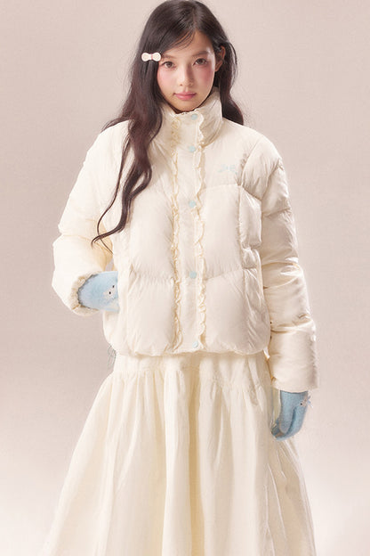 Short Embroidered Bow Lace Down Jacket