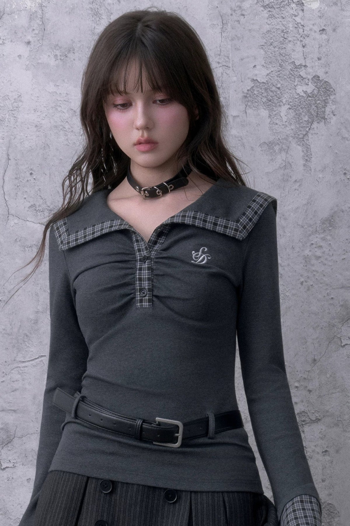 Gray Large Lapel Ruched Patchwork Blouse