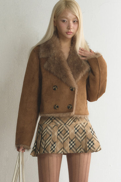 Suede Fur Collar Double-Breasted Jacket With Skirt Set-Up