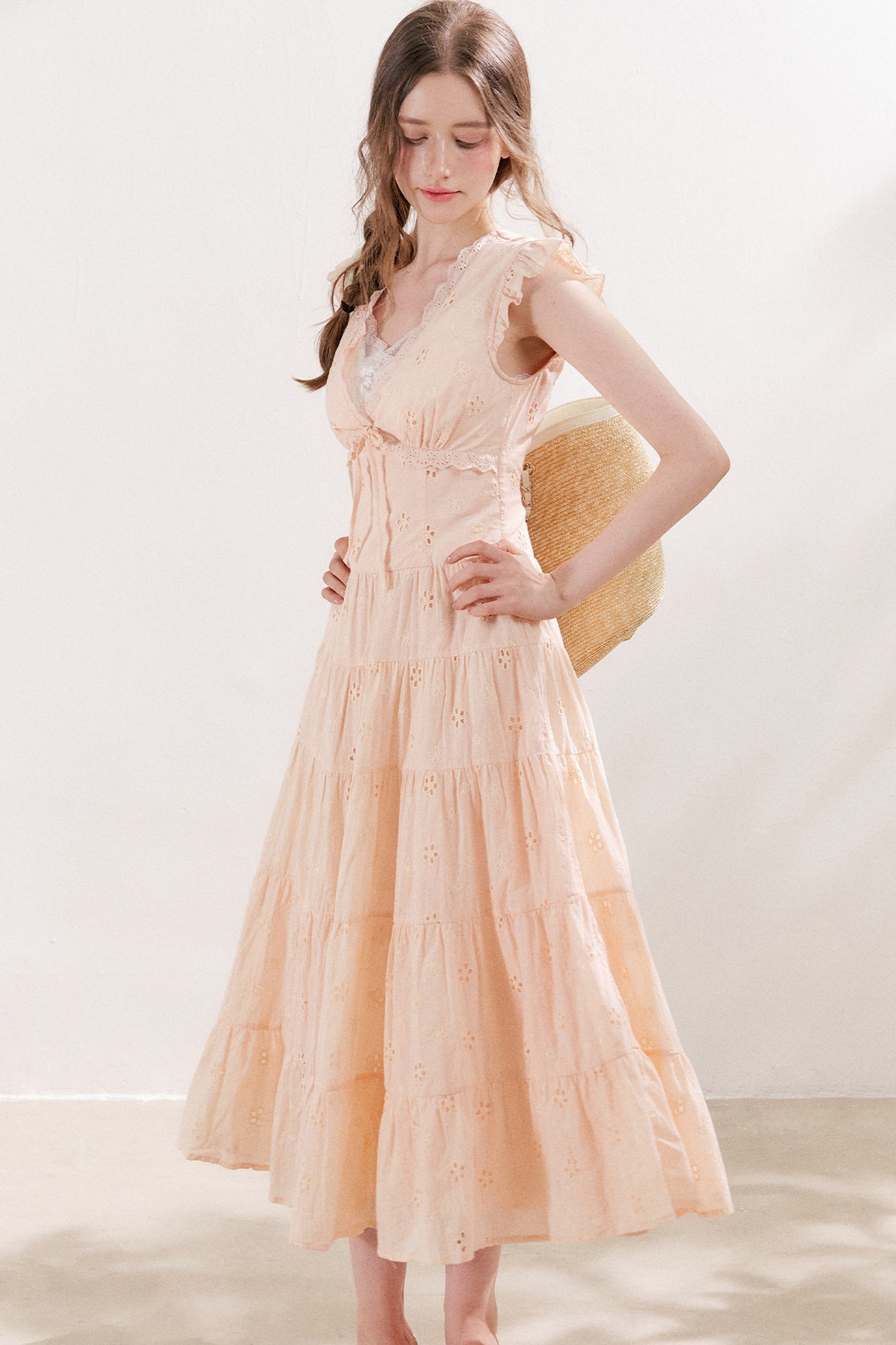 Five-Petal Flower Cutout Tiered Cotton Dress