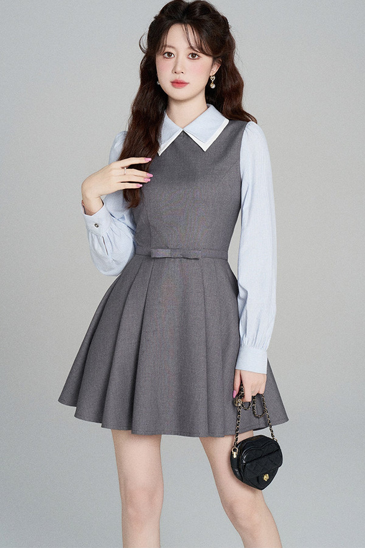 Gray Long-Sleeved A-Line Full Skirt Dress