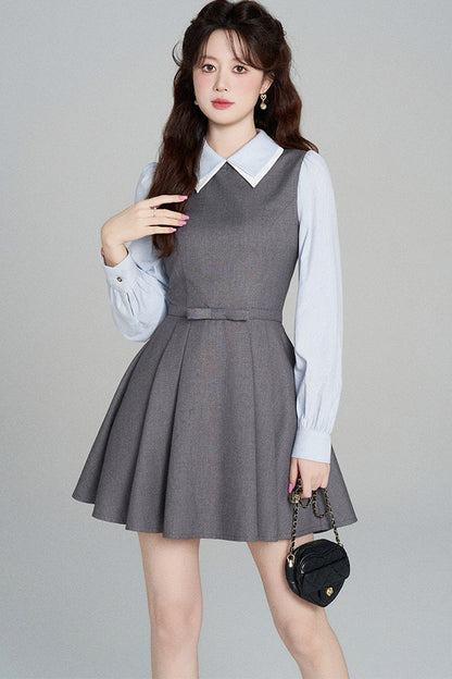 Gray Long-Sleeved A-Line Full Skirt Dress