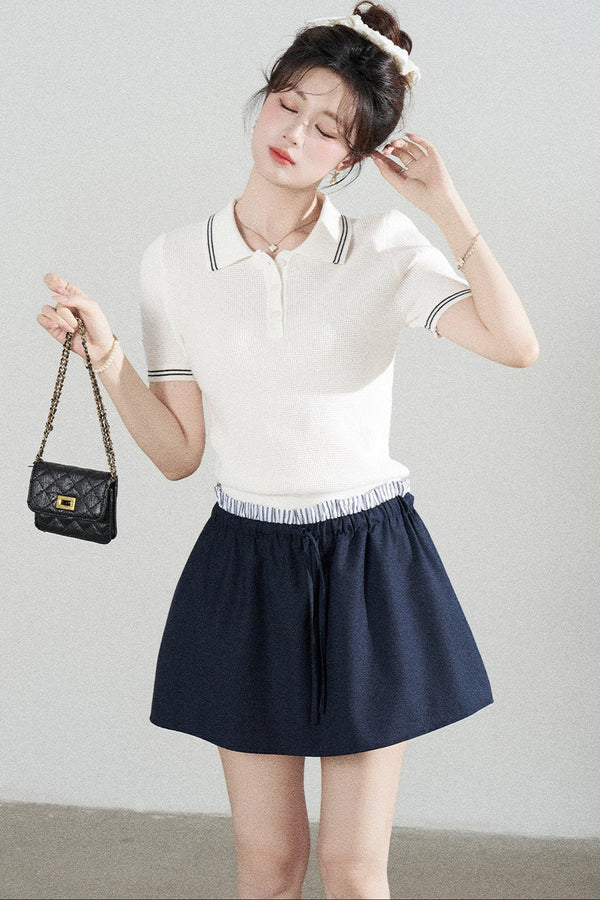 White Short-Sleeved Knit Polo T-Shirt and Skirt Set-Up