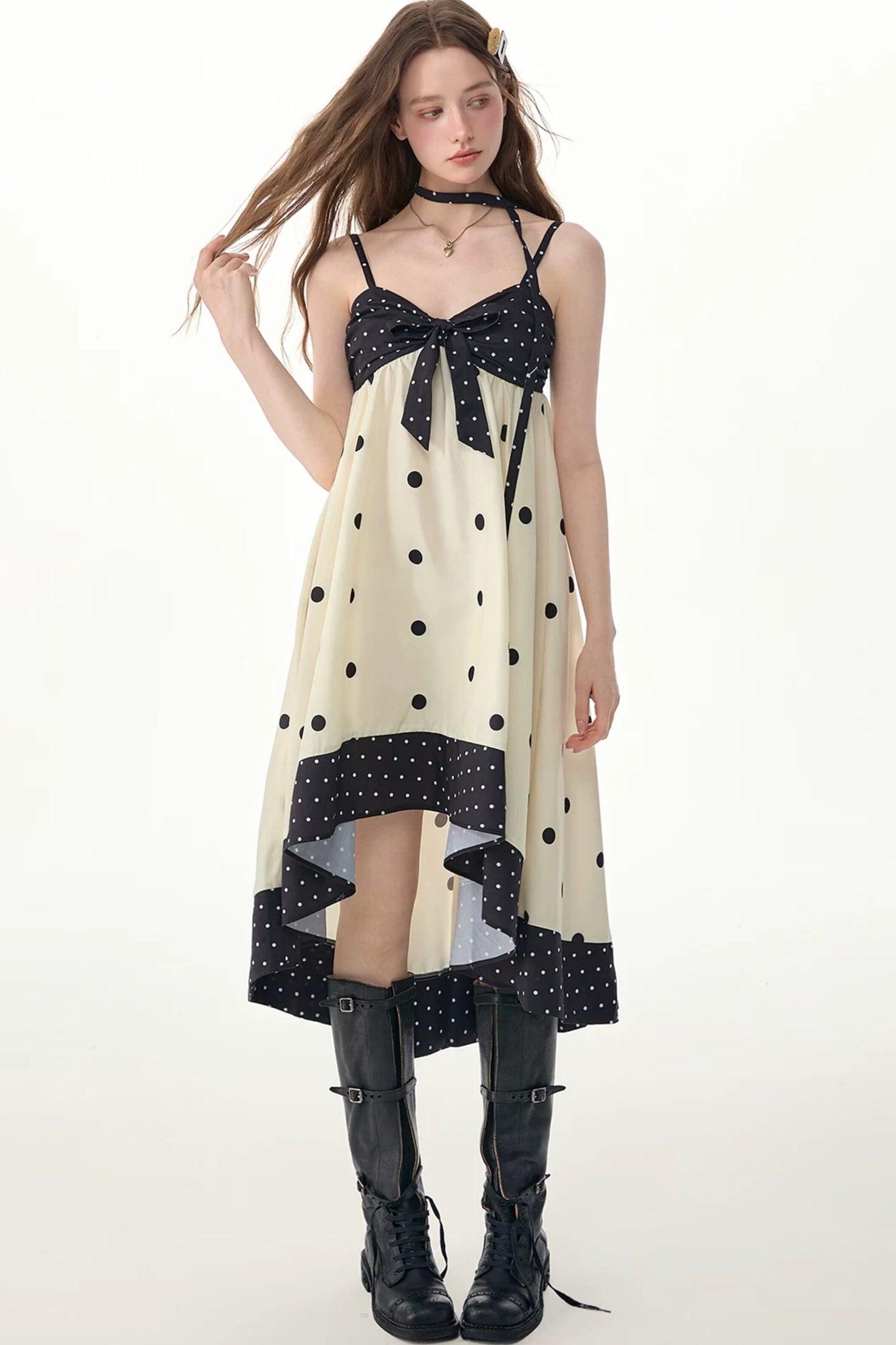 Black White Polka Dot Bow Suspender Dress