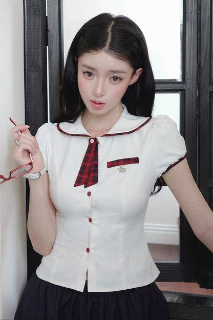 JK Uniform Plaid Bow Tie and Top Set