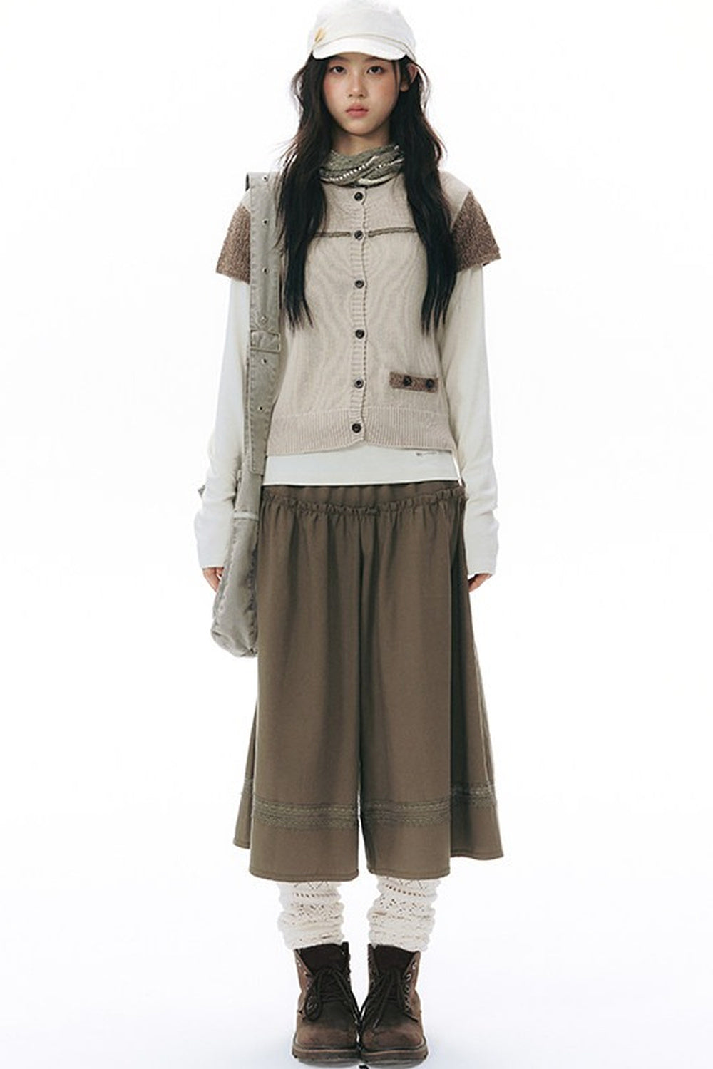 Elastic Waist Patchwork Wide-Leg Skirt Pants