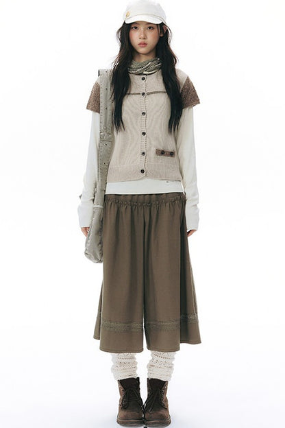 Elastic Waist Patchwork Wide-Leg Skirt Pants