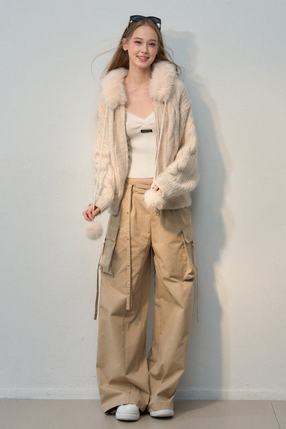 Fur Collar Hooded Knit Cardigan