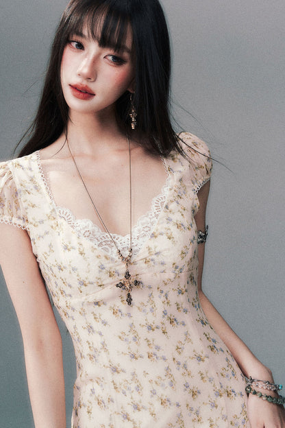 Light Yellow Floral Lace V-Neck Long Dress