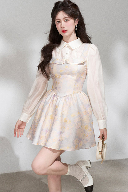 Layered-Look Long-Sleeve Jacquard Dress