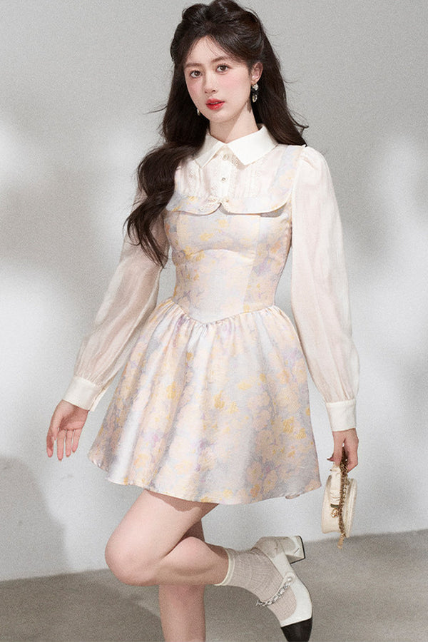 Layered-Look Long-Sleeve Jacquard Dress