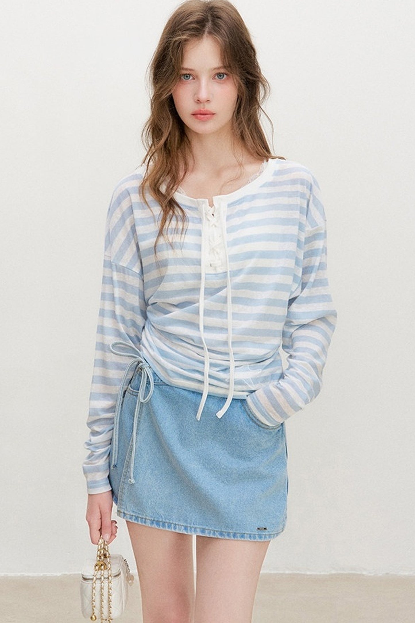 Striped Tie-Waist Top and Denim Skirt Set-Up