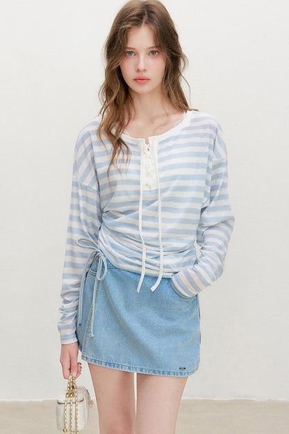 Striped Tie-Waist Top and Denim Skirt Set-Up