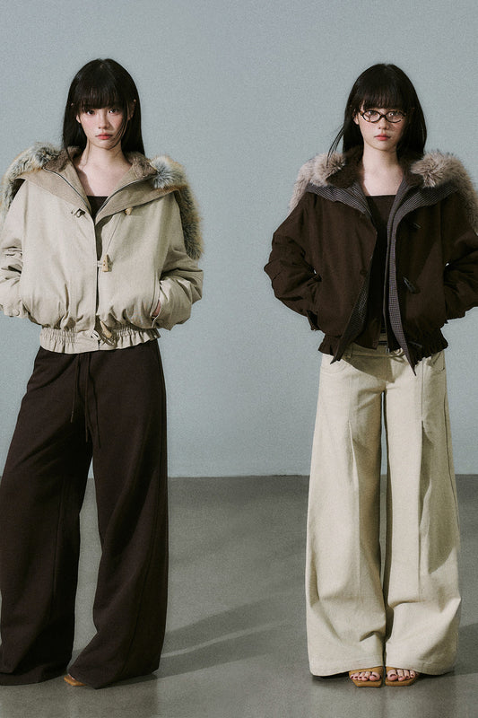 Horn Button Plaid Fur Collar Jacket