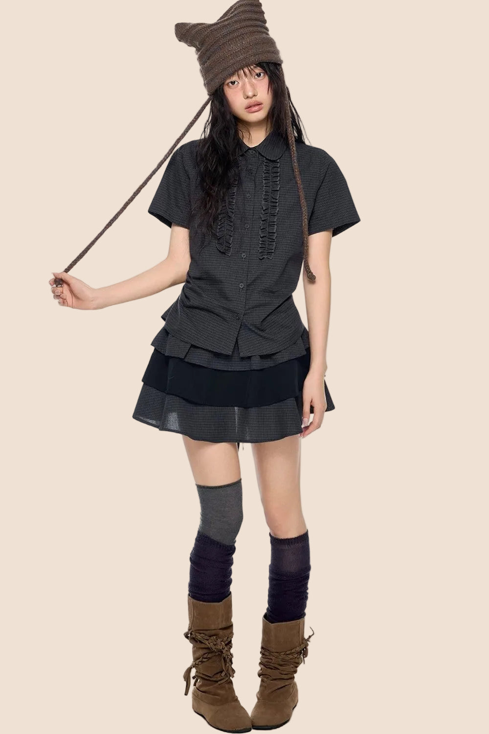 Plaid Pleated Blouse and Cake Skirt Set-Up