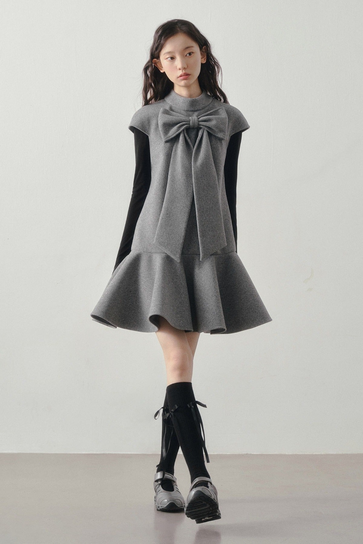 Woolen Bow Flutter Sleeve Dress