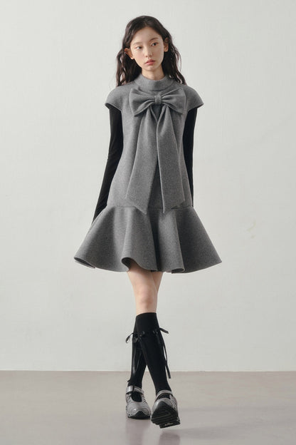 Woolen Bow Flutter Sleeve Dress