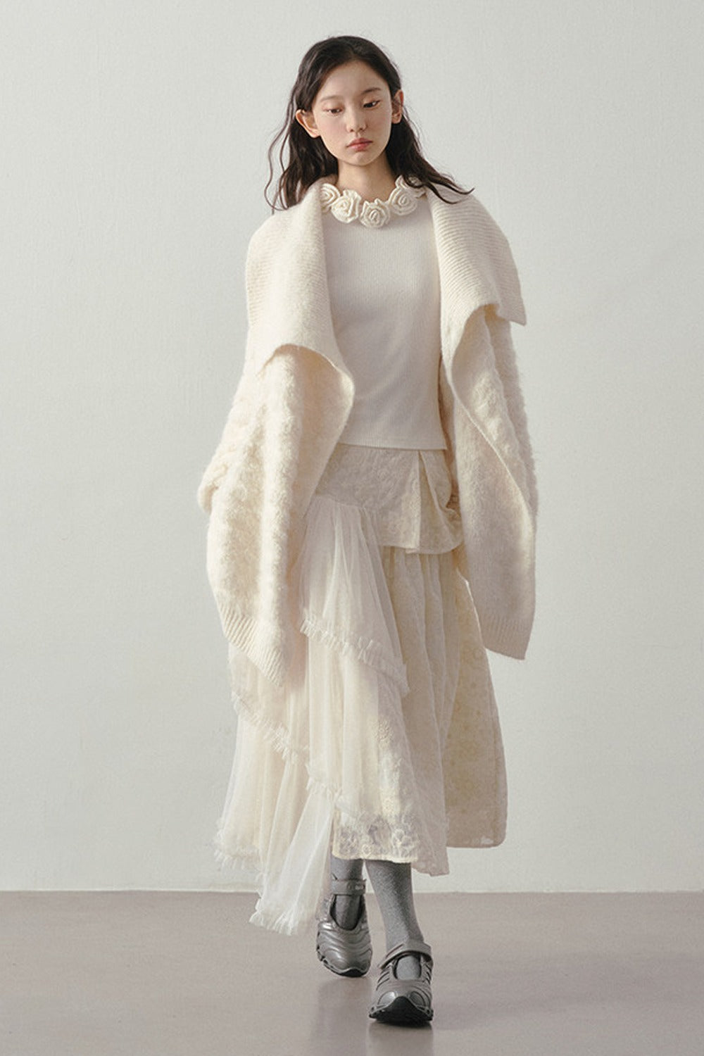 Beige Thick-Knit Loose Mid-Length Cardigan