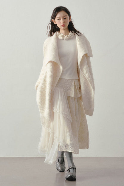 Beige Thick-Knit Loose Mid-Length Cardigan