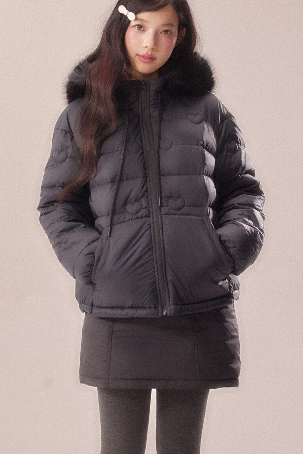 Heart Quilted Fur Collar Hooded Jacket
