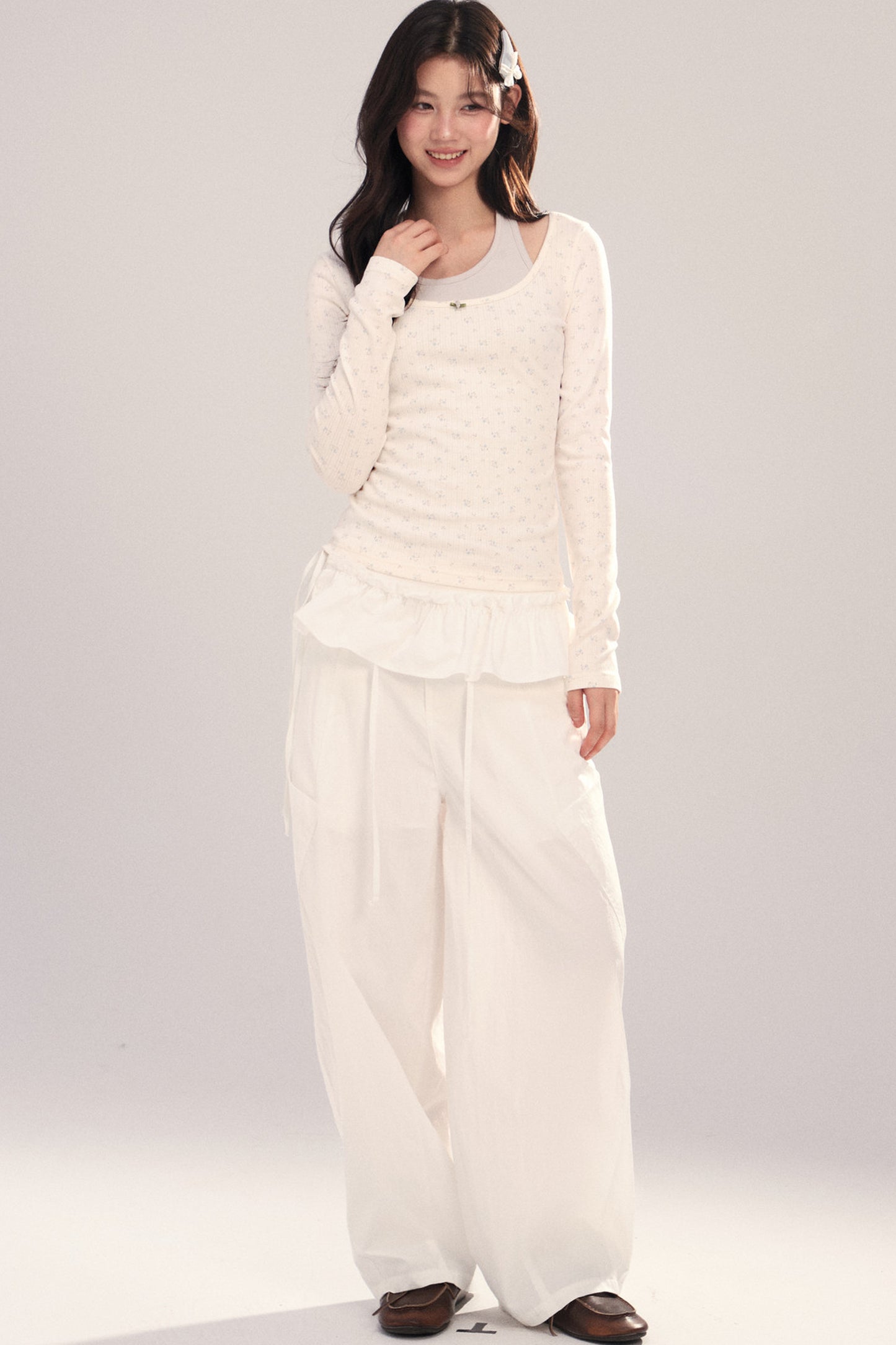 Large U-Neck Floral Long-Sleeve Base T-Shirt Set-Up