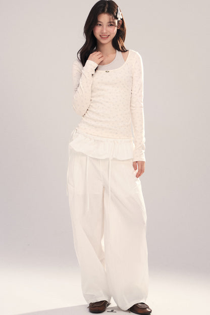 Large U-Neck Floral Long-Sleeve Base T-Shirt Set-Up