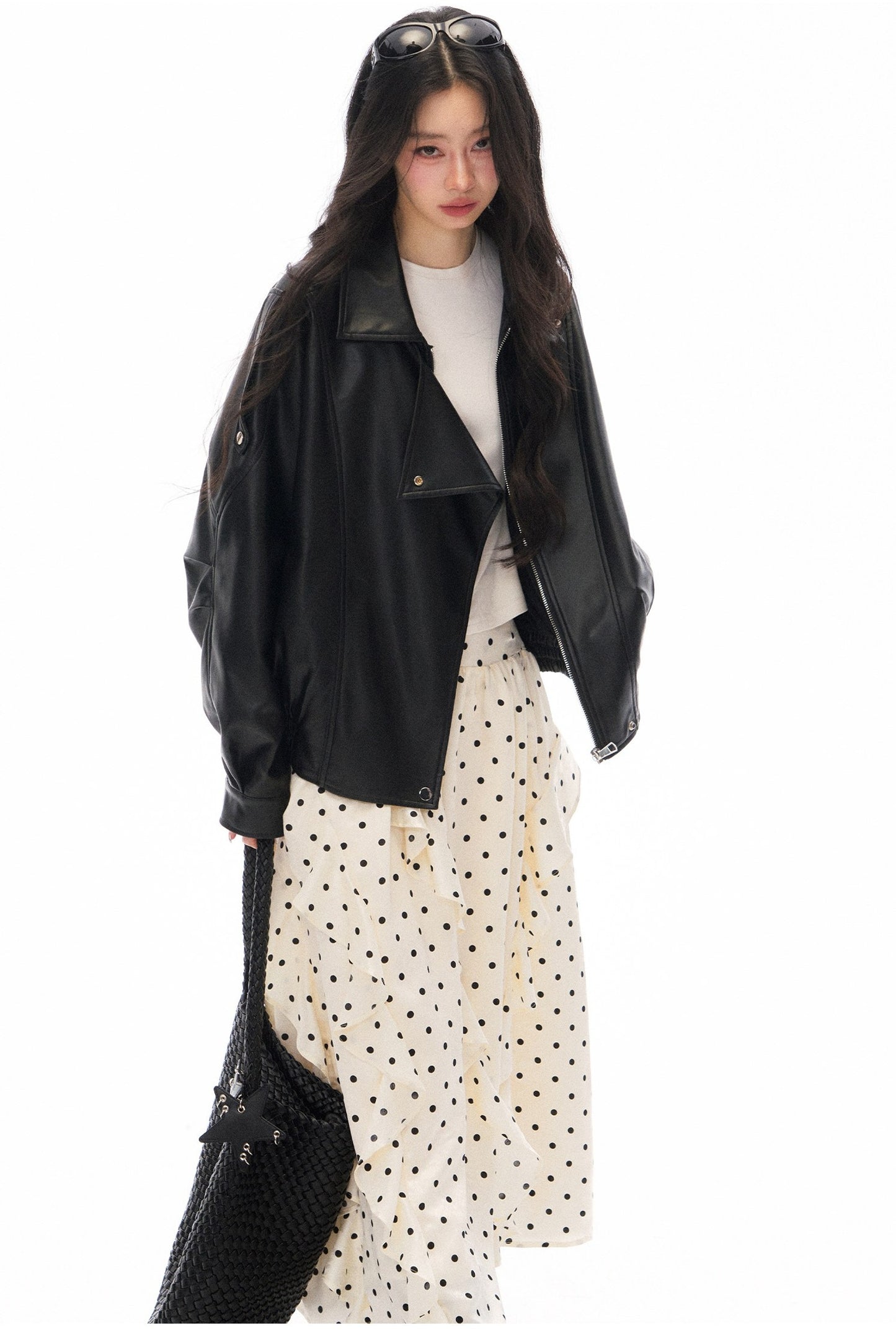 Black PU Lapel Biker Jacket, Polka Skirt and Dress Set-Up