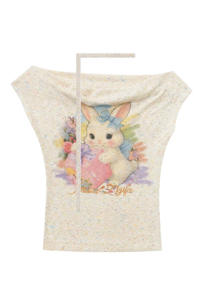 Schulterfreies Regenbogen-Kaninchen-Strick-T-Shirt