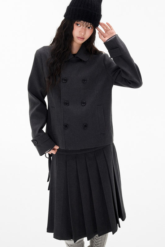 Double-Breasted Wool Coat and Pleated Skirt Set