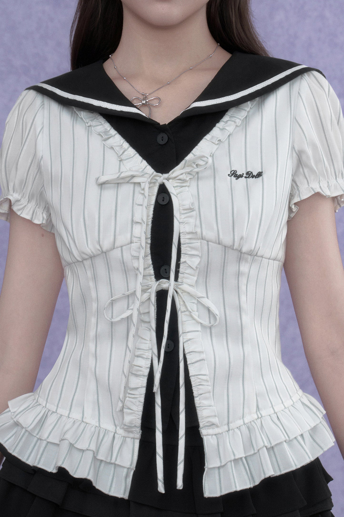 White Sailor-Collar Striped Top