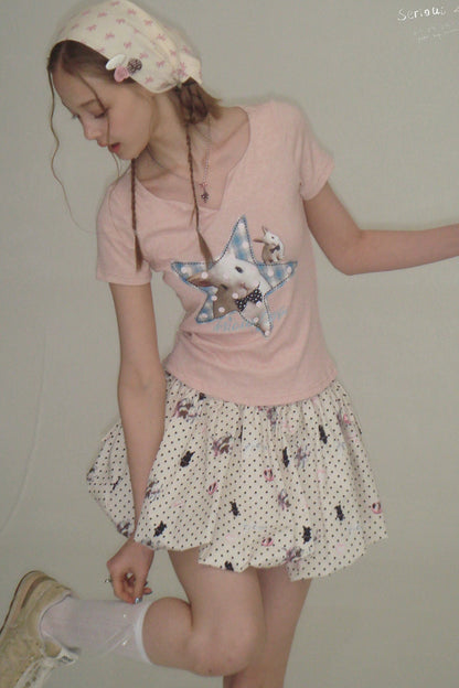 Fuzzy Pink Rabbit Print T-Shirt