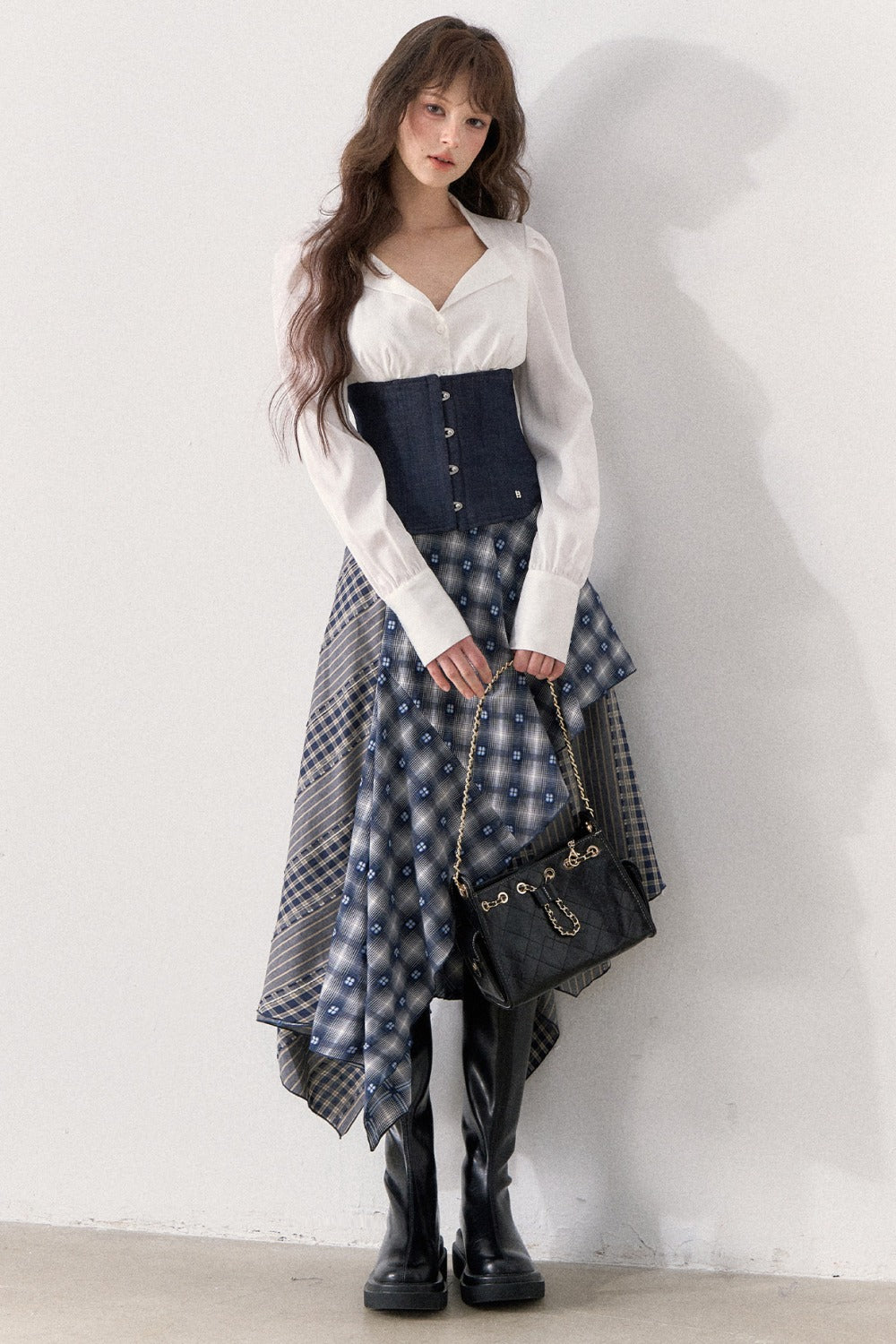 White Shirt and Denim Waistband Asymmetrical Plaid Skirt Set-Up
