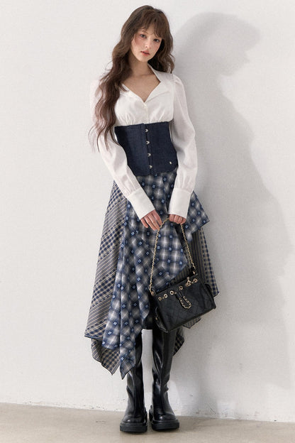 White Shirt and Denim Waistband Asymmetrical Plaid Skirt Set-Up