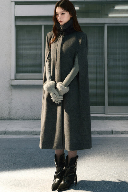 Sleeveless Fur Collar Woolen Cape