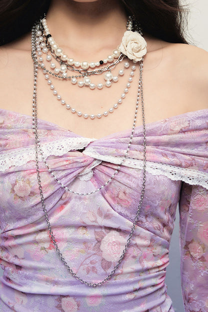 Choker a catena multistrato con fiore e perla rimovibili