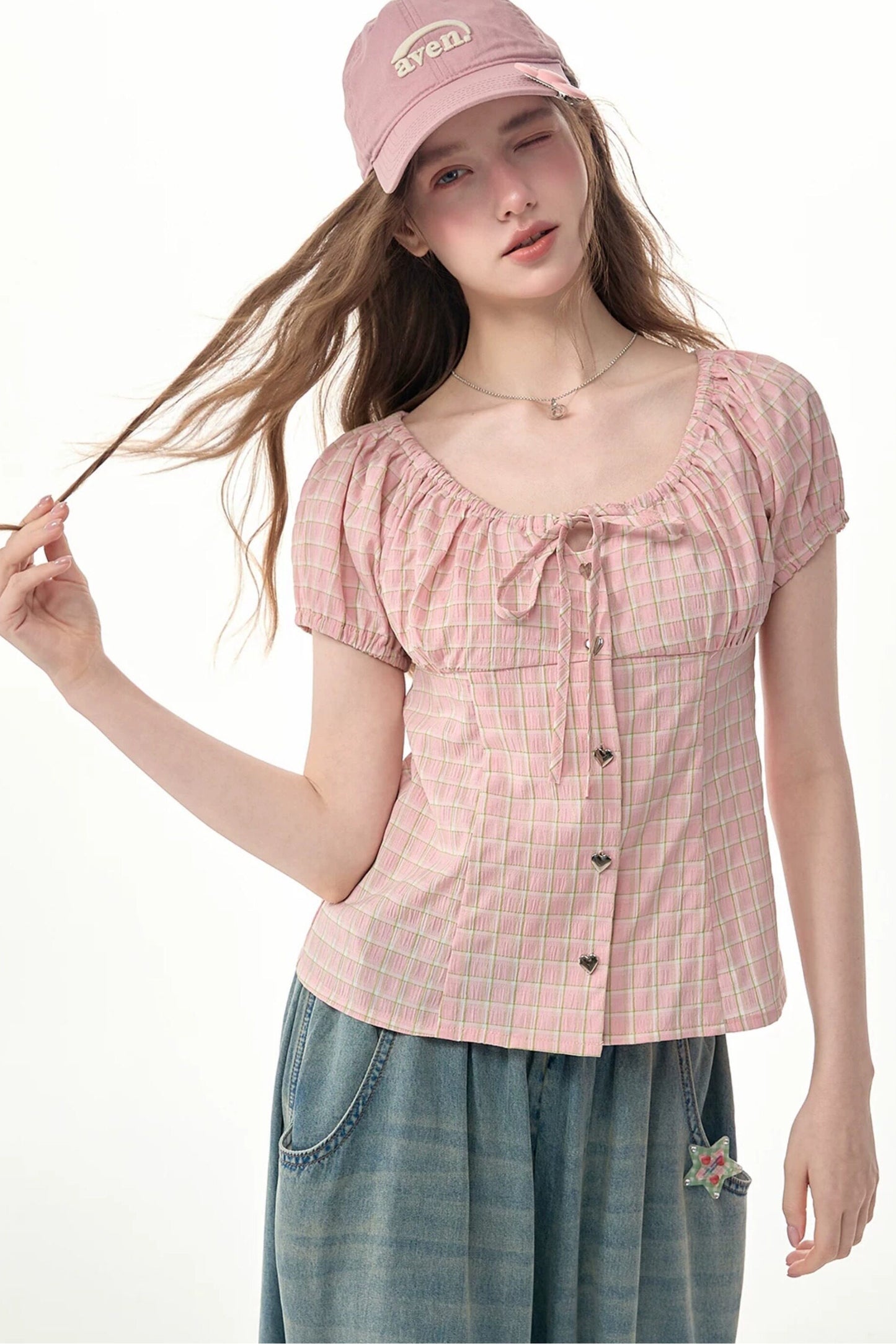 Green Plaid Puff Sleeve Button Front Top