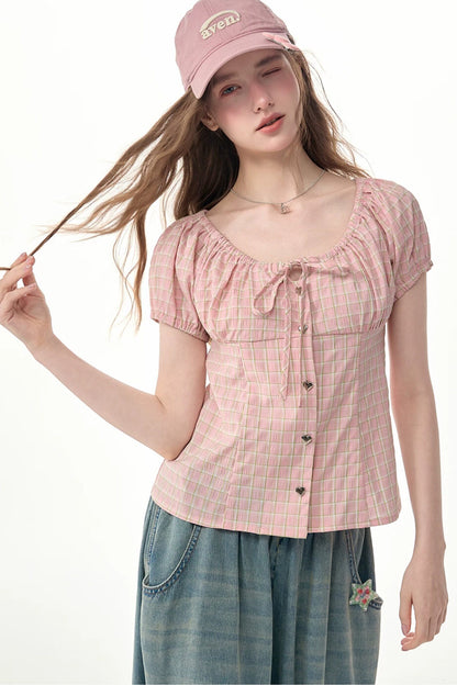 Green Plaid Puff Sleeve Button Front Top