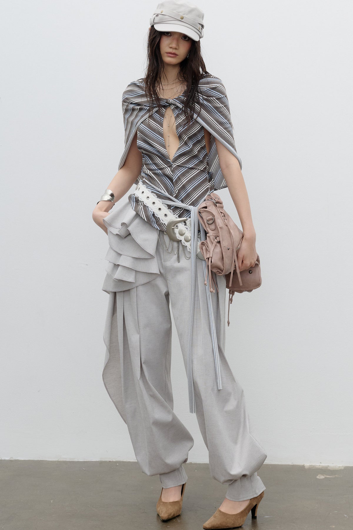 Striped Cape Shawl-Style Halter Neck T-Shirt